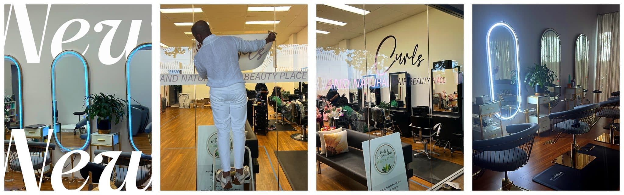 4 images showing the opening of the New Curls and Natural Hair Beauty Place location